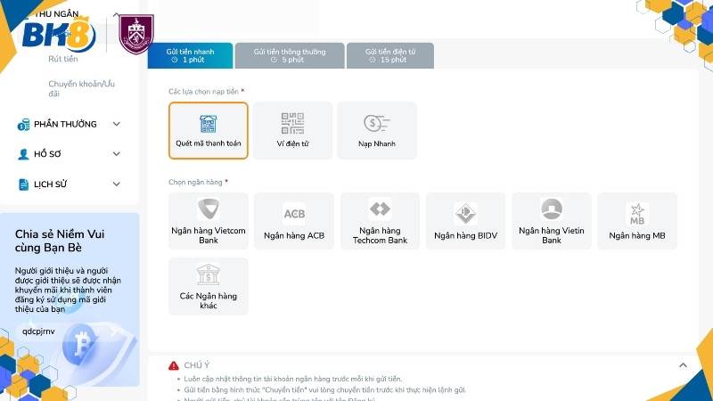 Đảm bảo nạp tiền vào tài khoản BK8 trước khi cược xổ số