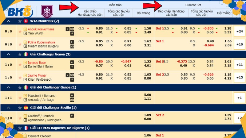 Tổng hợp các hình thức cá cược Tennis tại BK8